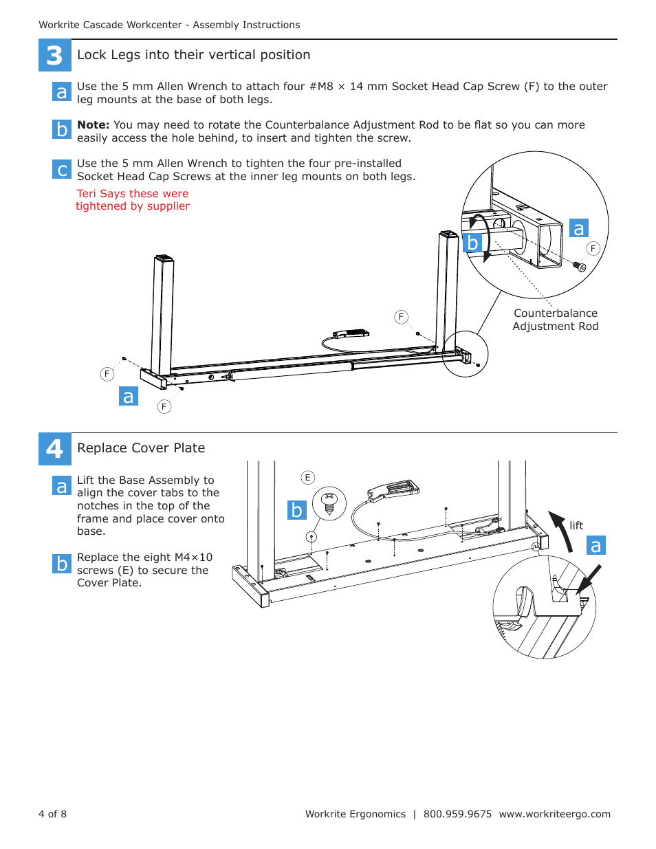 Ba a | Workrite Cascade Assembly Instructions for 2-Leg Counterbalance Workcenters User Manual | Page 4 / 8