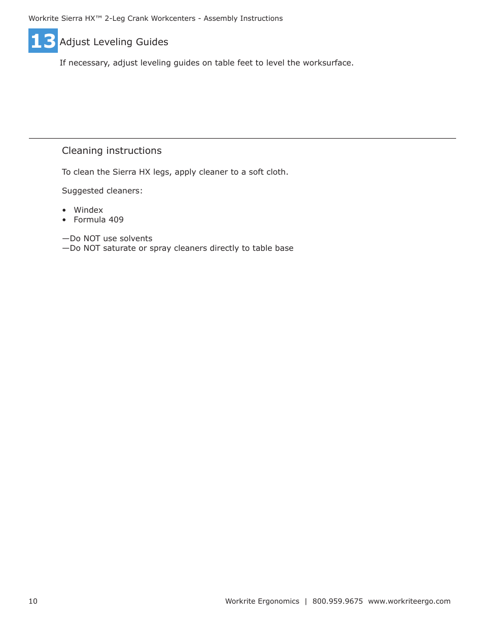 Workrite Sierra HX Crank Assembly Instructions for 2-Leg Crank models User Manual | Page 10 / 10