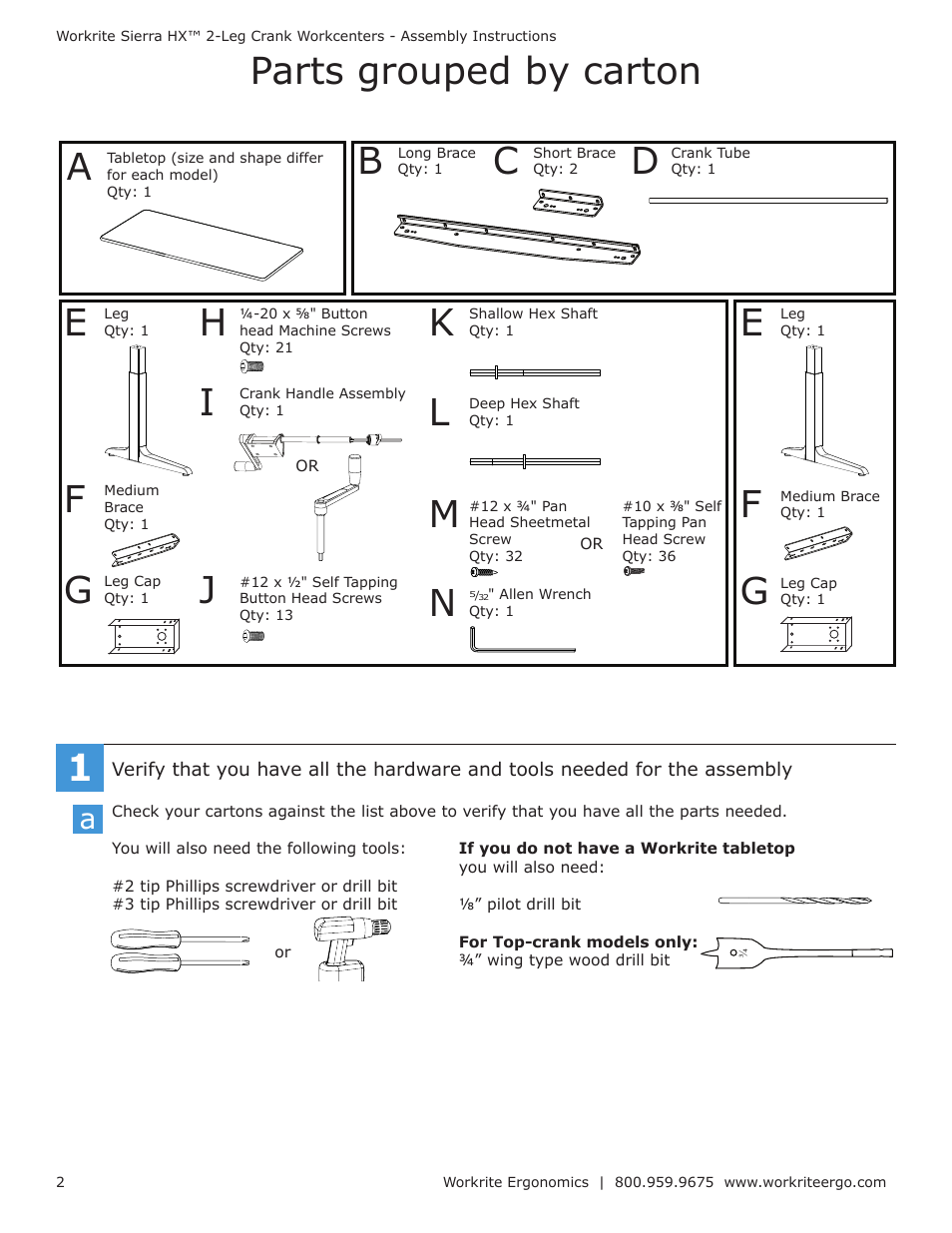 Parts grouped by carton l | Workrite Sierra HX Crank Assembly Instructions for 2-Leg Crank models User Manual | Page 2 / 10