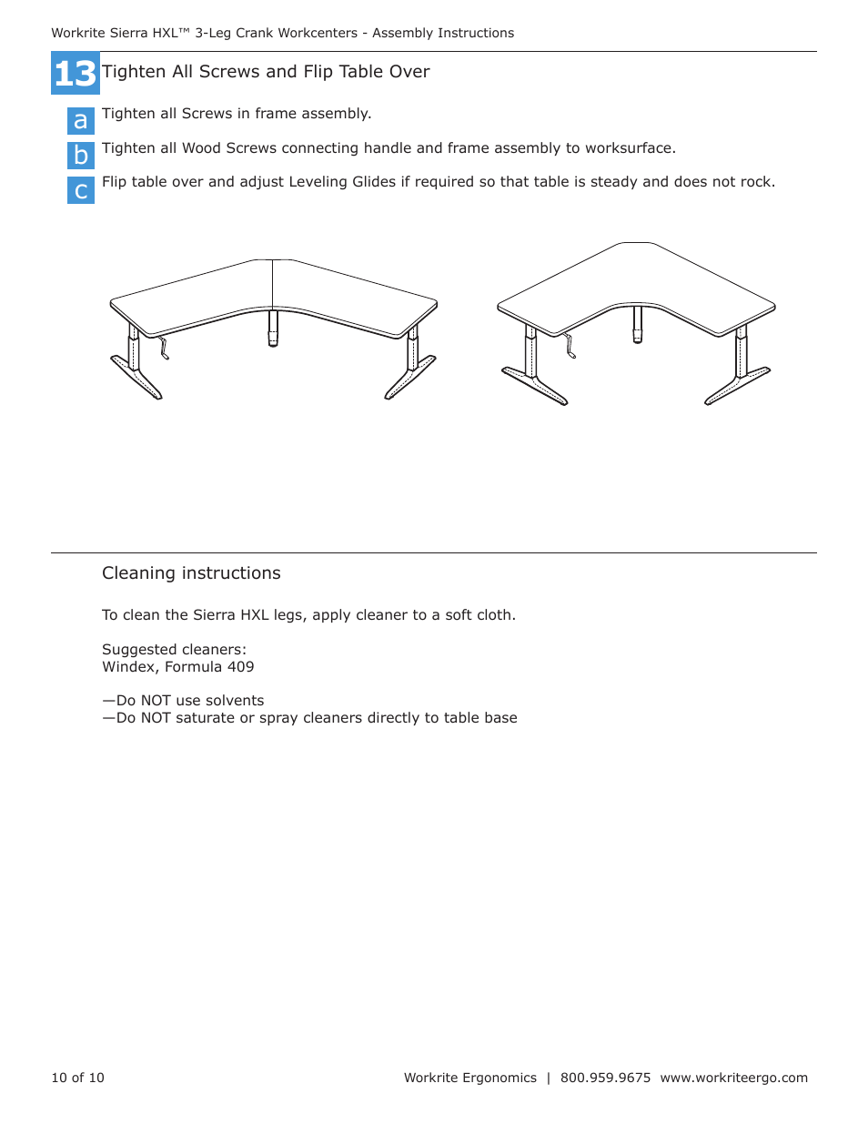 Workrite Sierra HXL Assembly Instructions for 3-Leg Front-Crank Workcenters User Manual | Page 10 / 10