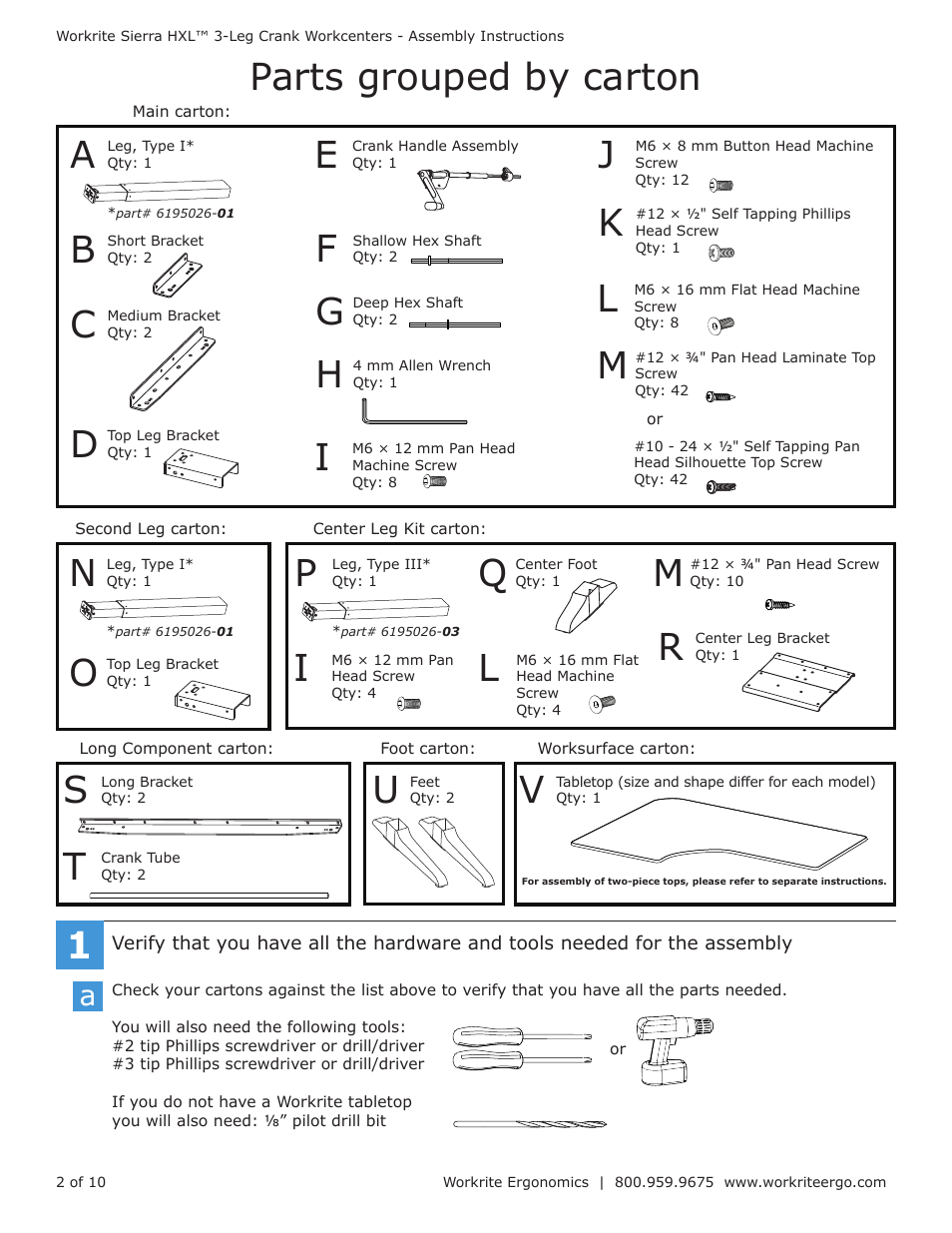 Parts grouped by carton | Workrite Sierra HXL Assembly Instructions for 3-Leg Front-Crank Workcenters User Manual | Page 2 / 10
