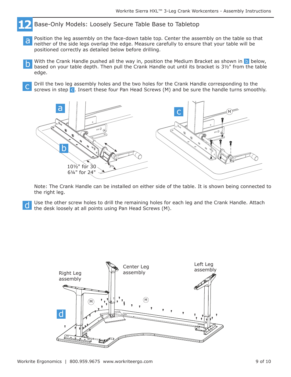 Workrite Sierra HXL Assembly Instructions for 3-Leg Front-Crank Workcenters User Manual | Page 9 / 10