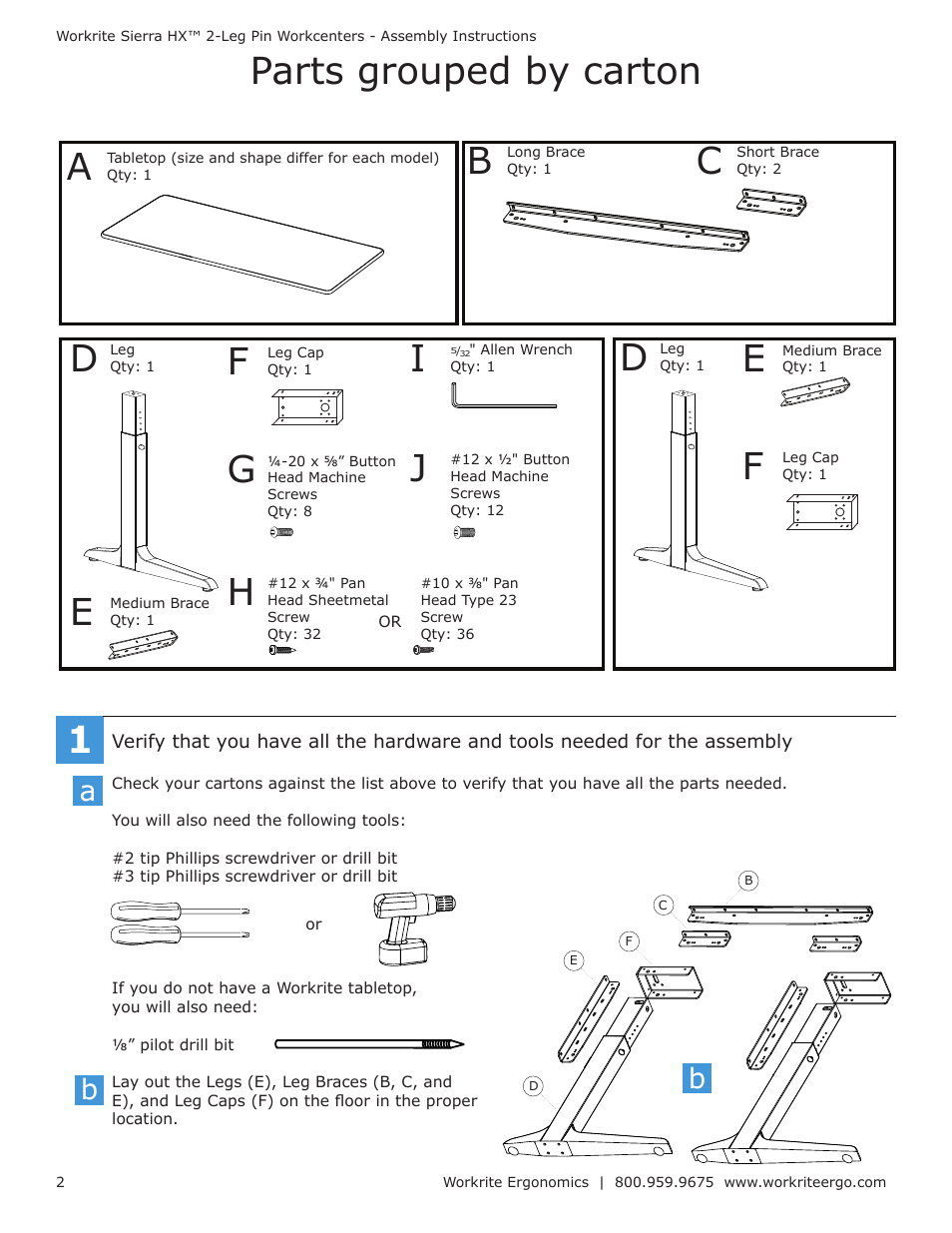 Parts grouped by carton 1, Ba b | Workrite Sierra HX Pin Assembly Instructions for 2-Leg Pin models User Manual | Page 2 / 4