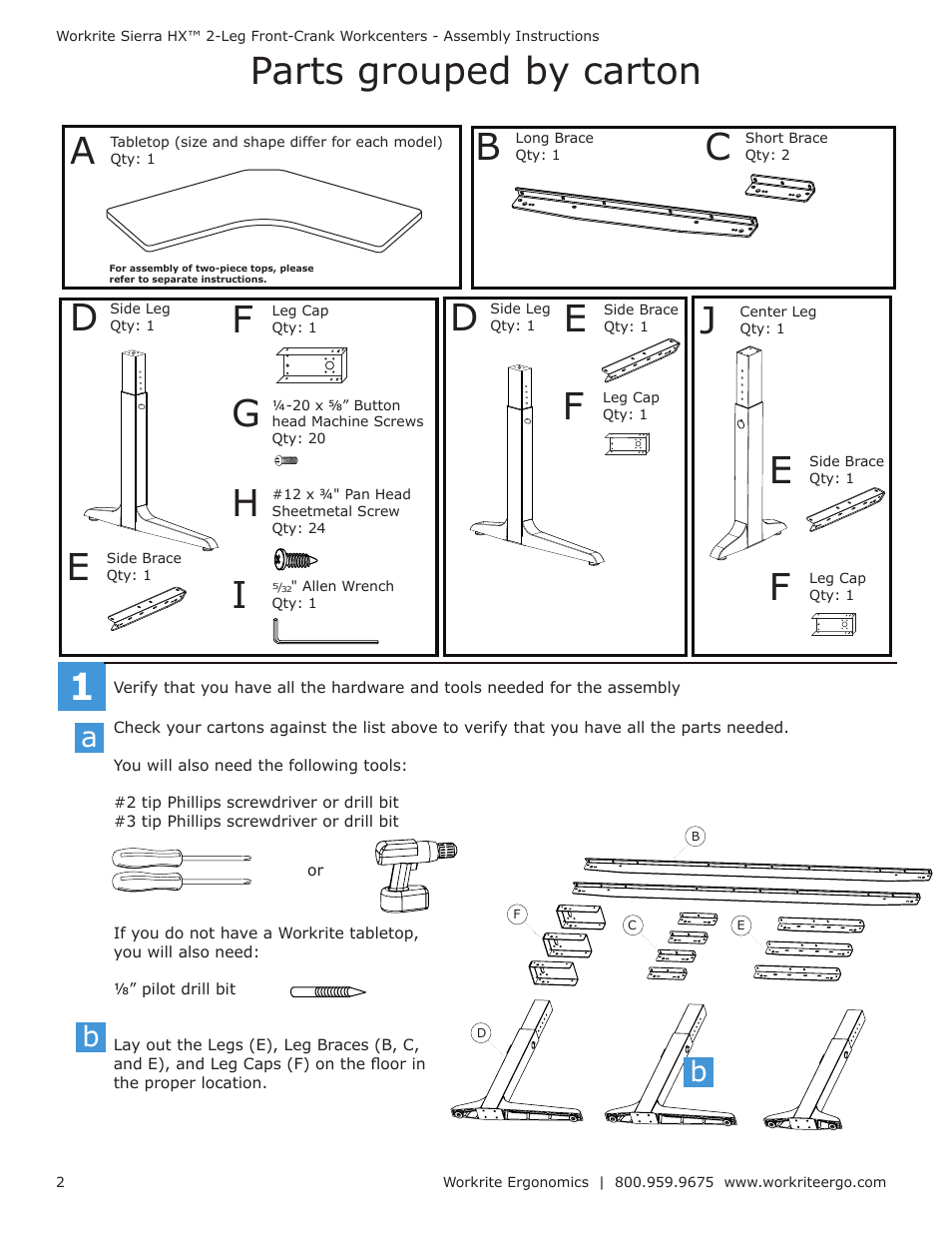 Parts grouped by carton 1, Ba b | Workrite Sierra HX Pin Assembly Instructions for 3-Leg Pin models User Manual | Page 2 / 4