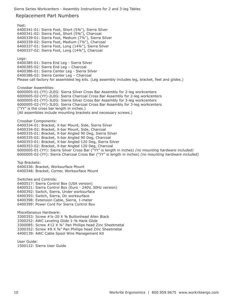 Replacement part numbers | Workrite Sierra Assembly Instructions for 3-leg Workcenters User Manual | Page 10 / 12