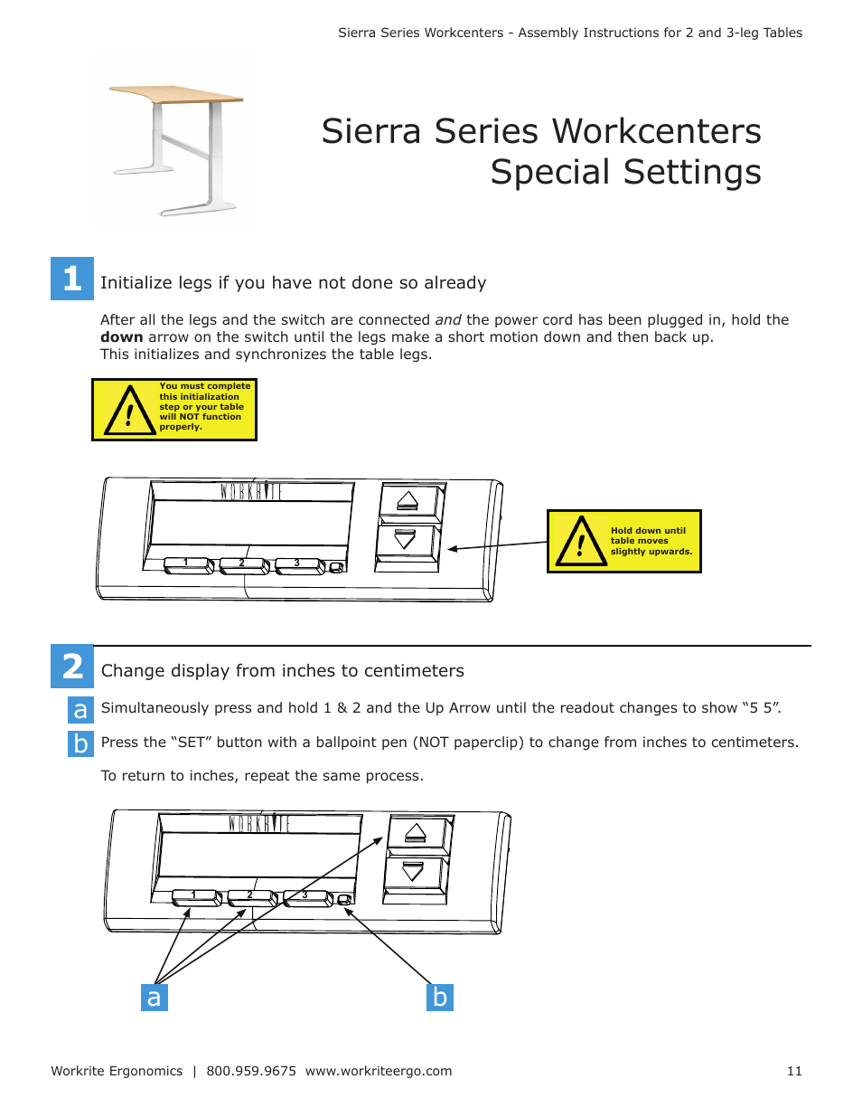 12 sierra series workcenters special settings, Initialize legs if you have not done so already, Change display from inches to centimeters | Workrite Sierra Assembly Instructions for 3-leg Workcenters User Manual | Page 11 / 12