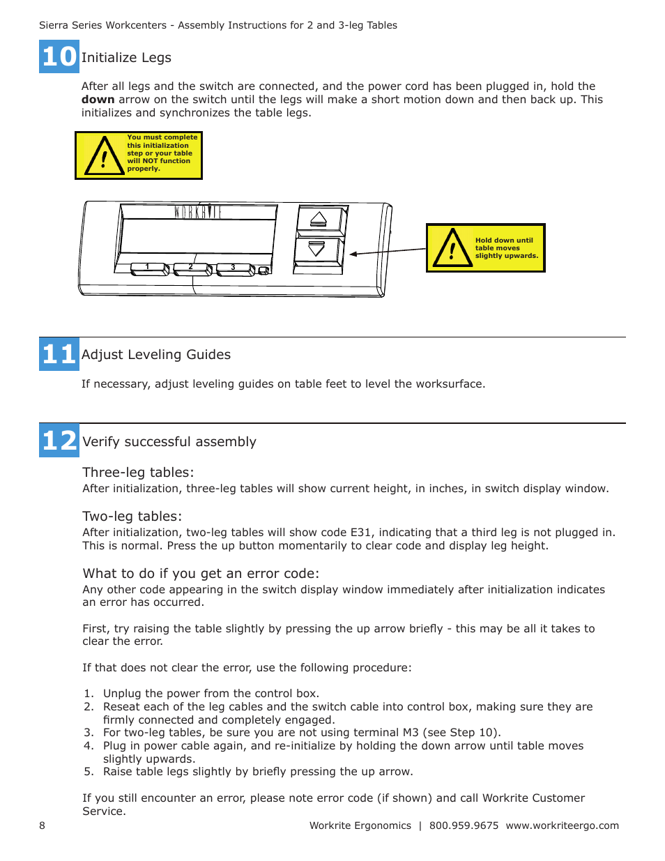 Verify successful assembly three-leg tables, Two-leg tables, What to do if you get an error code | Initialize legs, Adjust leveling guides | Workrite Sierra Assembly Instructions for 3-leg Workcenters User Manual | Page 8 / 12
