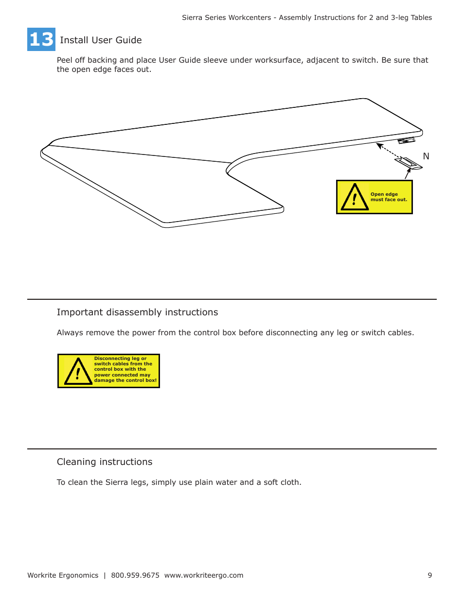 Important disassembly instructions, Install user guide, Ncleaning instructions | Workrite Sierra Assembly Instructions for 3-leg Workcenters User Manual | Page 9 / 12