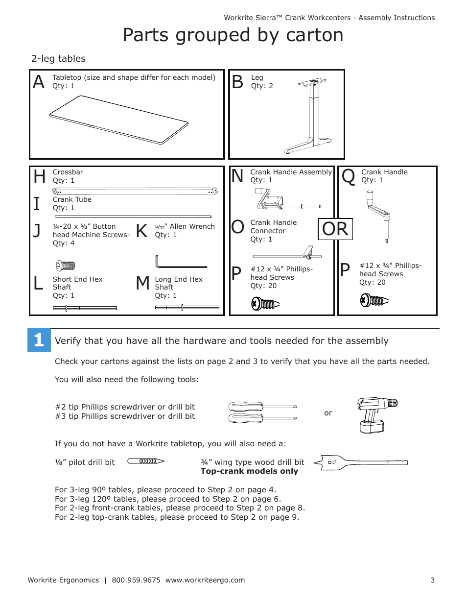 Or parts grouped by carton | Workrite Sierra Crank Assembly Instructions for Front and Top-Crank models User Manual | Page 3 / 14