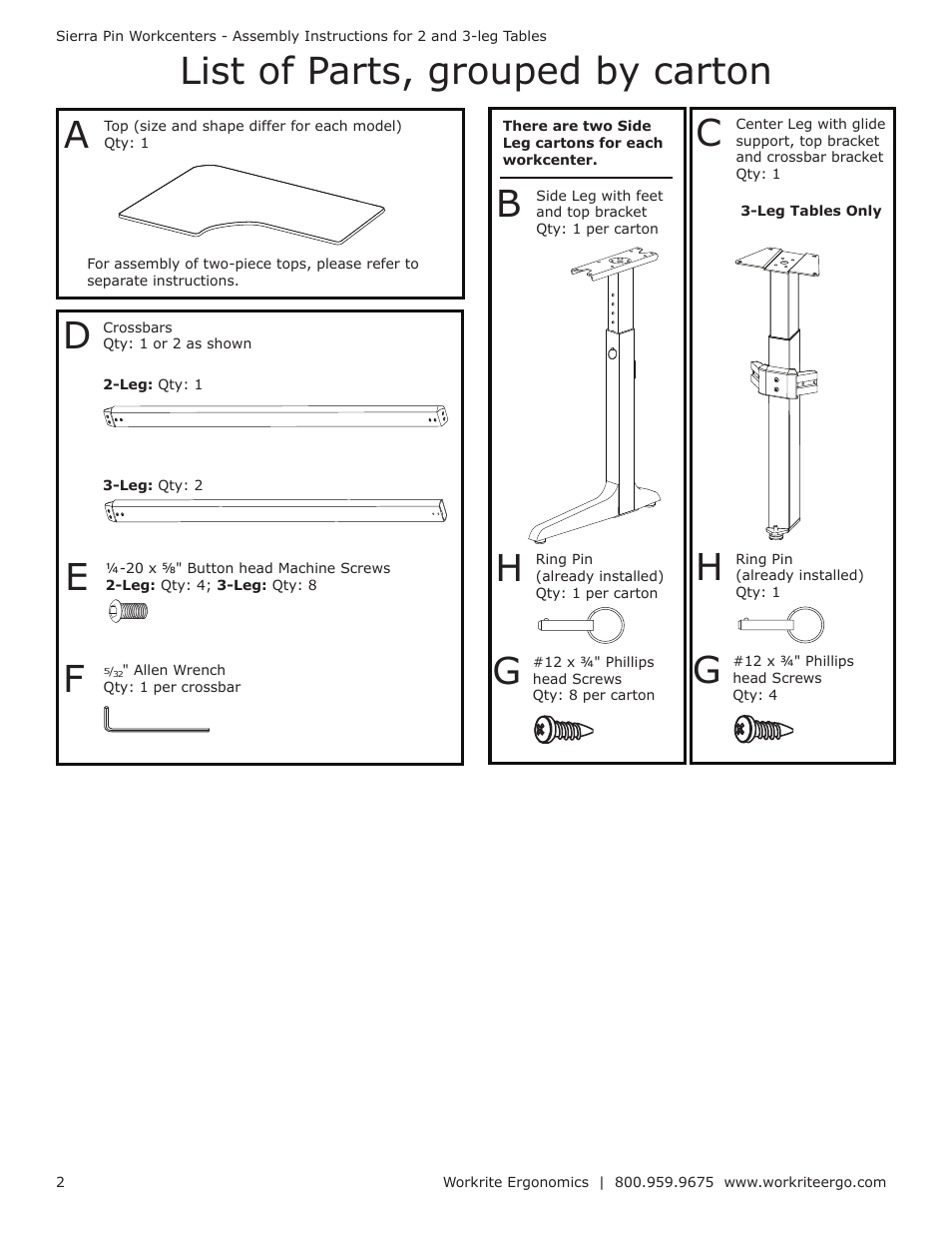 List of parts, grouped by carton | Workrite Sierra Pin Crank Assembly Instructions for 3-leg Workcenters User Manual | Page 2 / 6