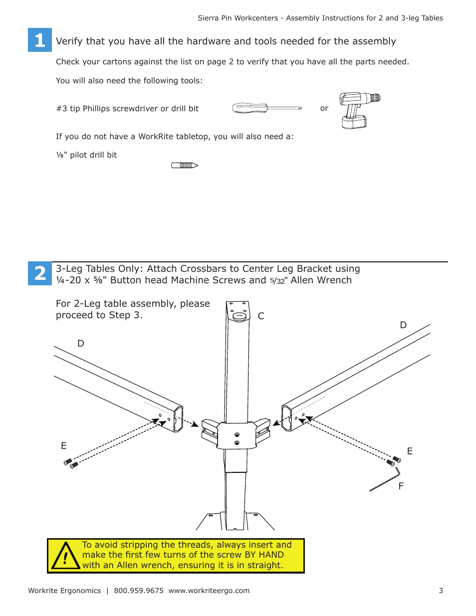 Workrite Sierra Pin Crank Assembly Instructions for 3-leg Workcenters User Manual | Page 3 / 6