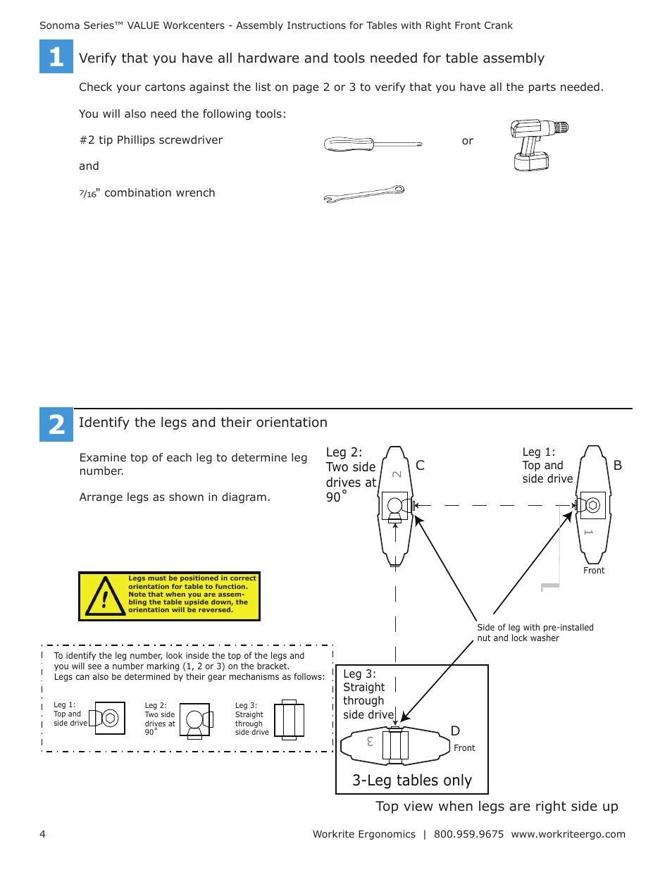Leg tables only, Bc d top view when legs are right side up | Workrite Series VALUE Assembly Instructions for Tables with Right Front Crank User Manual | Page 4 / 10