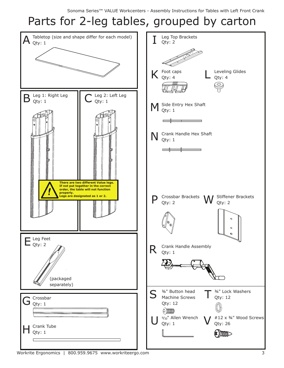 Parts for 2-leg tables, grouped by carton | Workrite Series VALUE Assembly Instructions for Tables with Left Front Crank User Manual | Page 3 / 10
