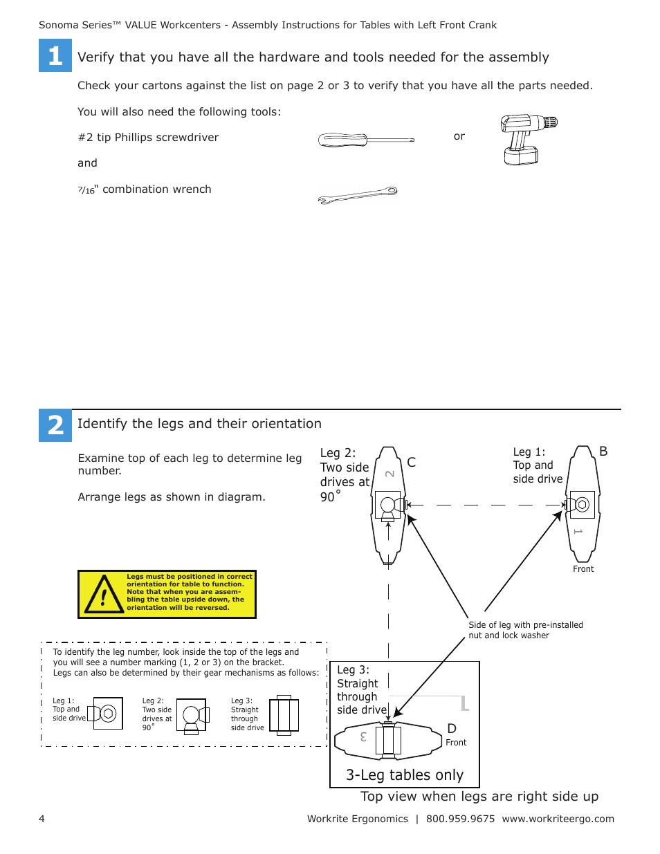 Leg tables only, Bc d top view when legs are right side up | Workrite Series VALUE Assembly Instructions for Tables with Left Front Crank User Manual | Page 4 / 10