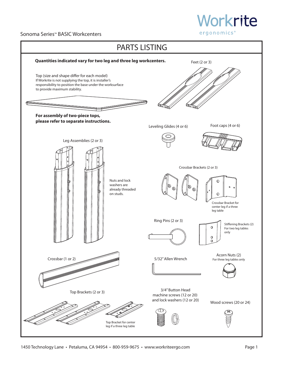 Parts listing, Sonoma series, Basic workcenters | Workrite Sonoma Series BASIC User Manual | Page 2 / 4