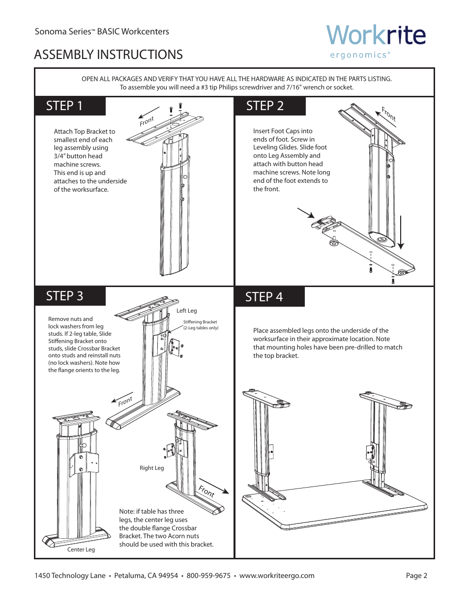 Assembly instructions, Step 1 step 3 step 2, Step 4 | Workrite Sonoma Series BASIC User Manual | Page 3 / 4