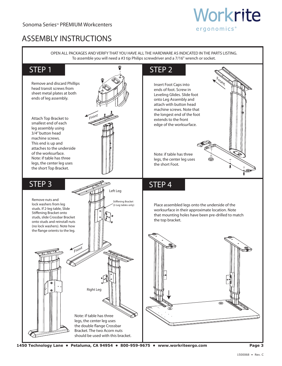 Assembly instructions, Step 1 step 3 step 2, Step 4 | Sonoma series, Premium workcenters | Workrite Sonoma Series PREMIUM Assembly Instructions User Manual | Page 3 / 5