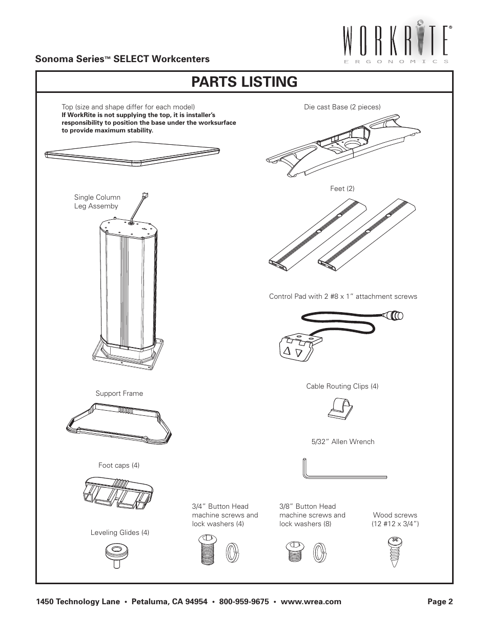 Parts listing | Workrite Sonoma Series SELECT User Manual | Page 2 / 4