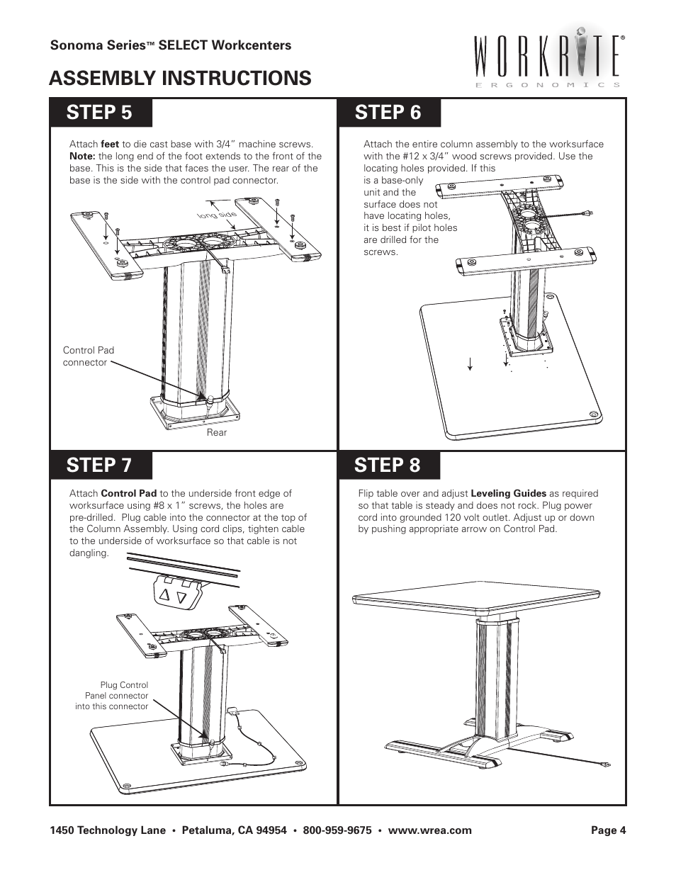 Assembly instructions, Step 5 step 7 step 8 step 6 | Workrite Sonoma Series SELECT User Manual | Page 4 / 4