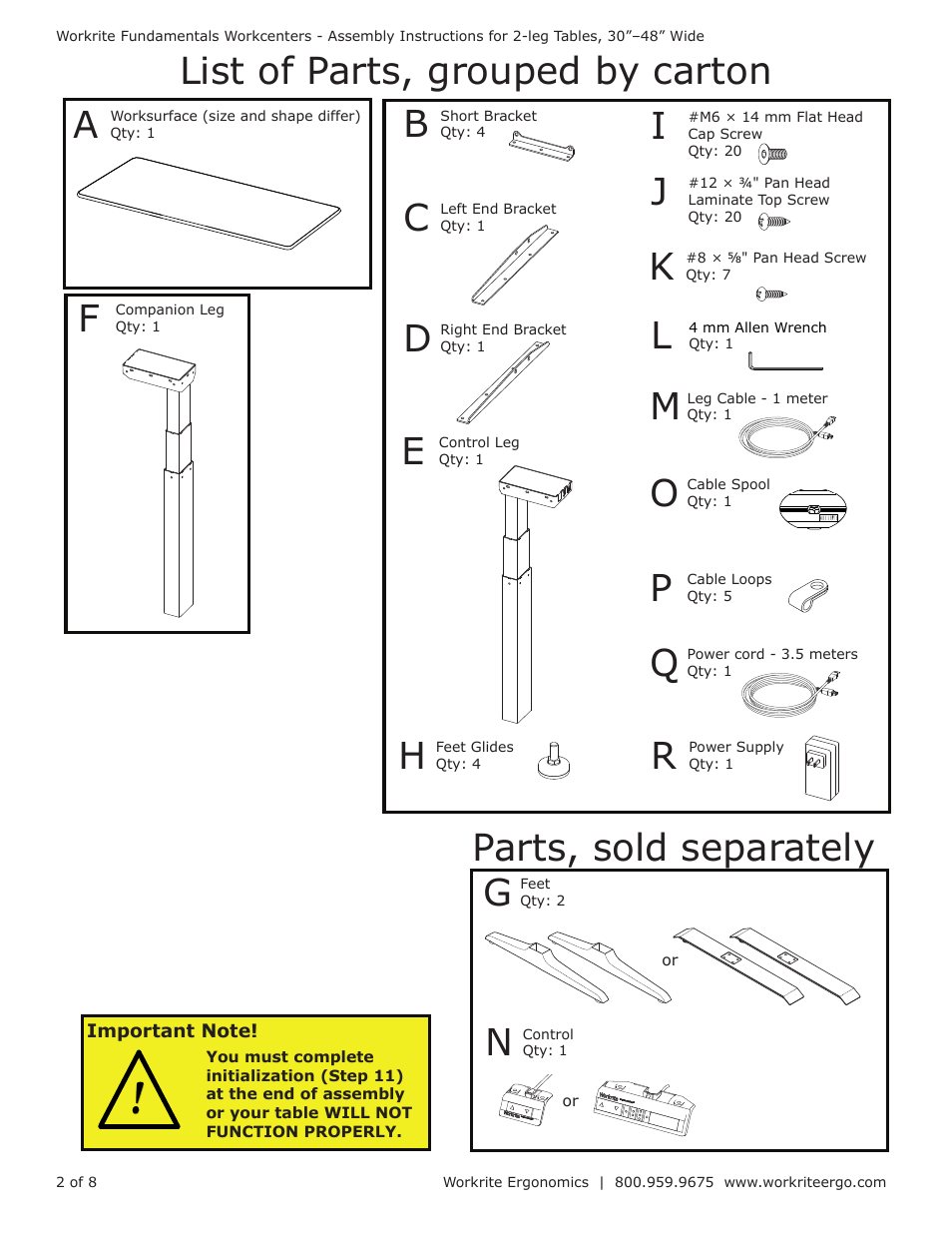 Workrite Fundamentals EX Electric Assembly Instructions for 2-leg Workcenters 30”–48” Wide User Manual | Page 2 / 8