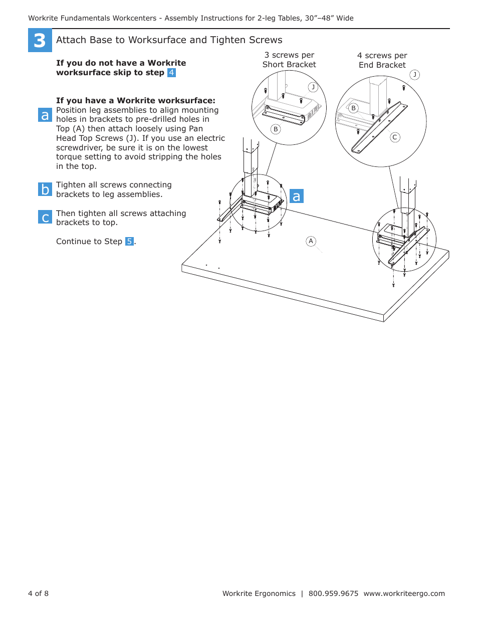Ab c | Workrite Fundamentals EX Electric Assembly Instructions for 2-leg Workcenters 30”–48” Wide User Manual | Page 4 / 8