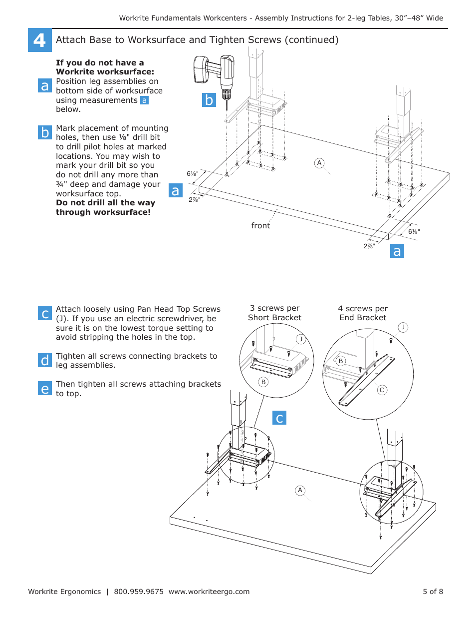 Workrite Fundamentals EX Electric Assembly Instructions for 2-leg Workcenters 30”–48” Wide User Manual | Page 5 / 8