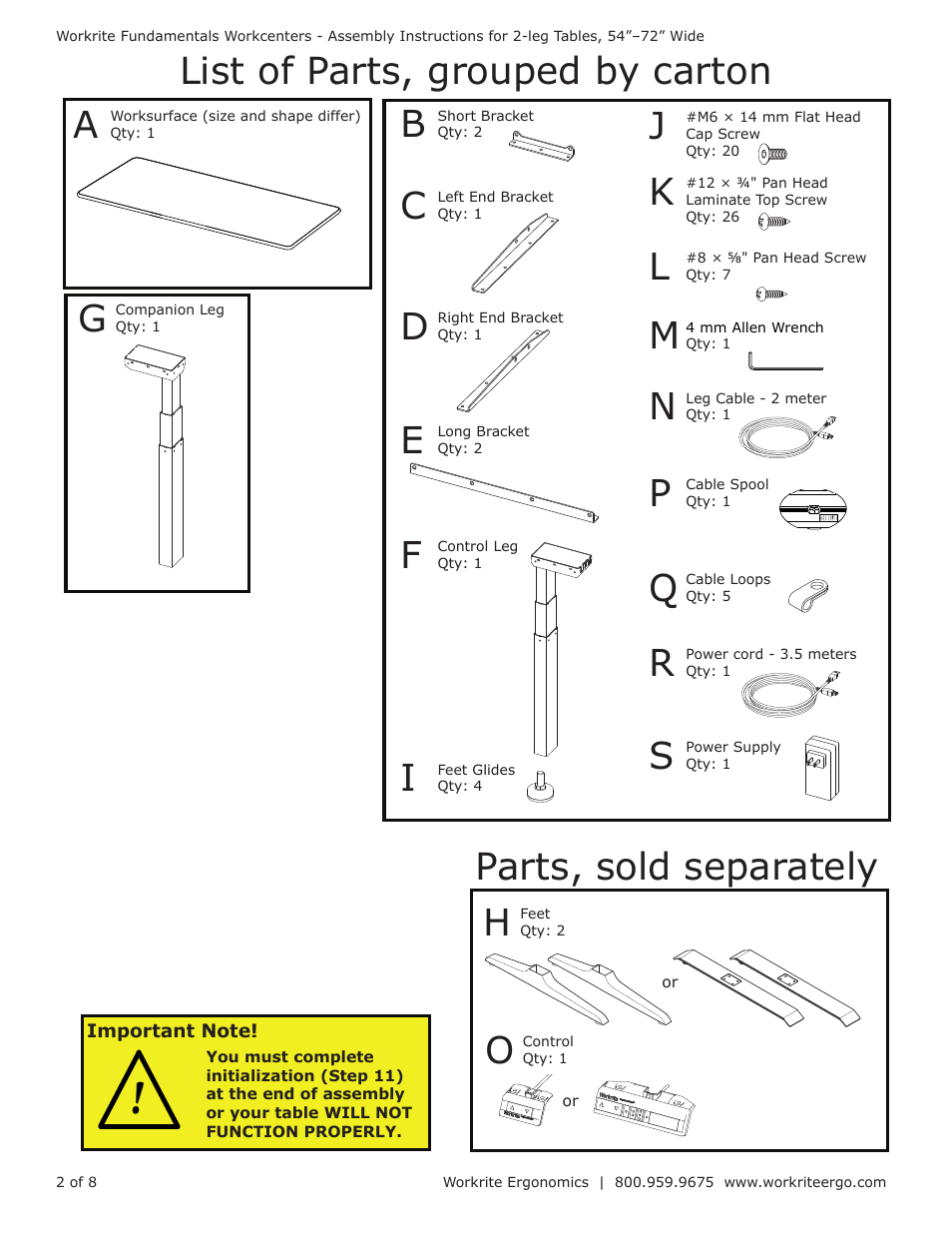 Workrite Fundamentals EX Electric Assembly Instructions for 2-leg Workcenters 54”–72” Wide User Manual | Page 2 / 8