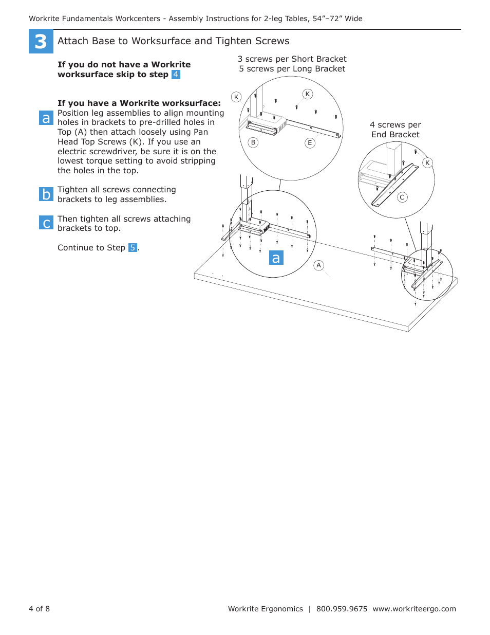 Ab c | Workrite Fundamentals EX Electric Assembly Instructions for 2-leg Workcenters 54”–72” Wide User Manual | Page 4 / 8