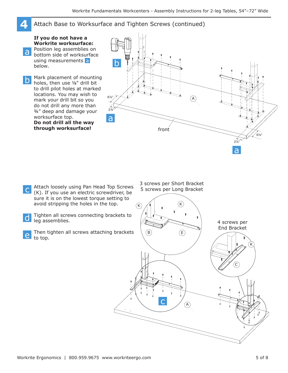 Workrite Fundamentals EX Electric Assembly Instructions for 2-leg Workcenters 54”–72” Wide User Manual | Page 5 / 8