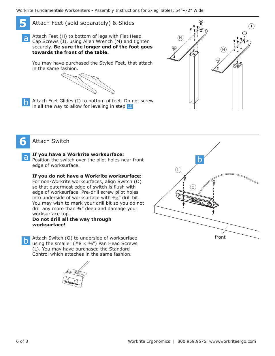 Workrite Fundamentals EX Electric Assembly Instructions for 2-leg Workcenters 54”–72” Wide User Manual | Page 6 / 8
