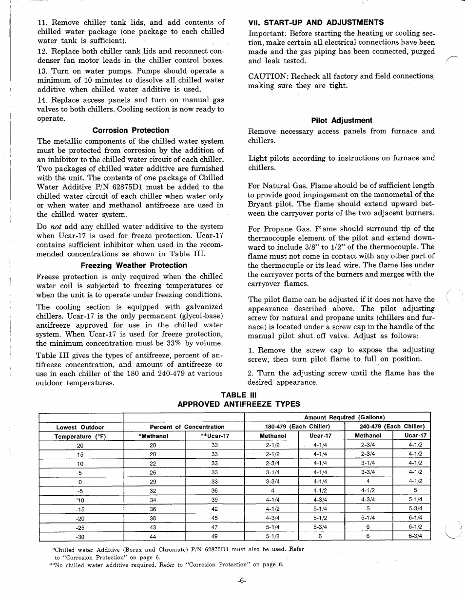 Corrosion protection, Freezing weather protection, Vii. start-up and adjustments | Pilot adjustment, Table iii, Approved antifreeze types | Bryant 479 D User Manual | Page 6 / 13