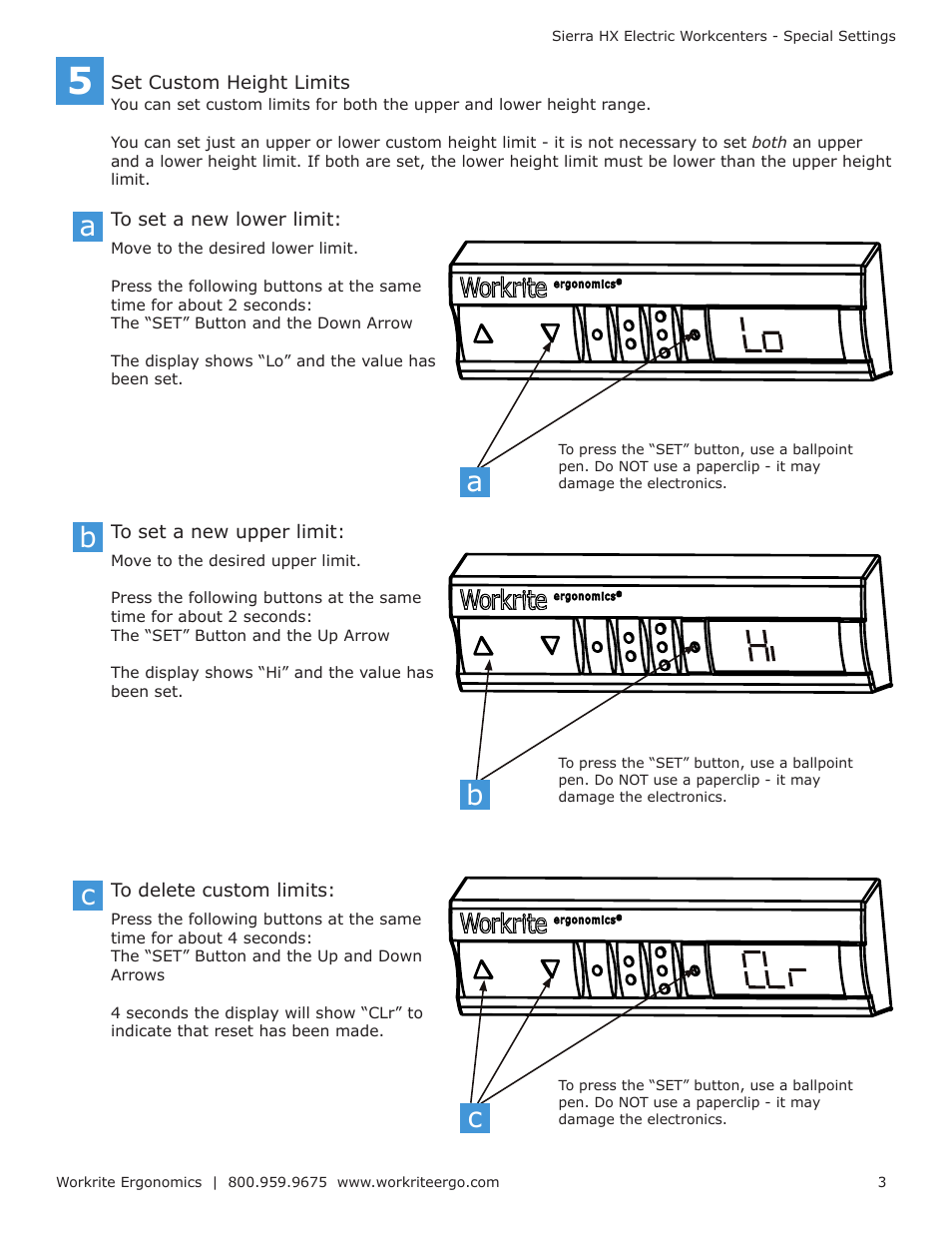 Ab c, Set custom height limits | Workrite Sierra HX Electric Workcenters User Manual | Page 3 / 3