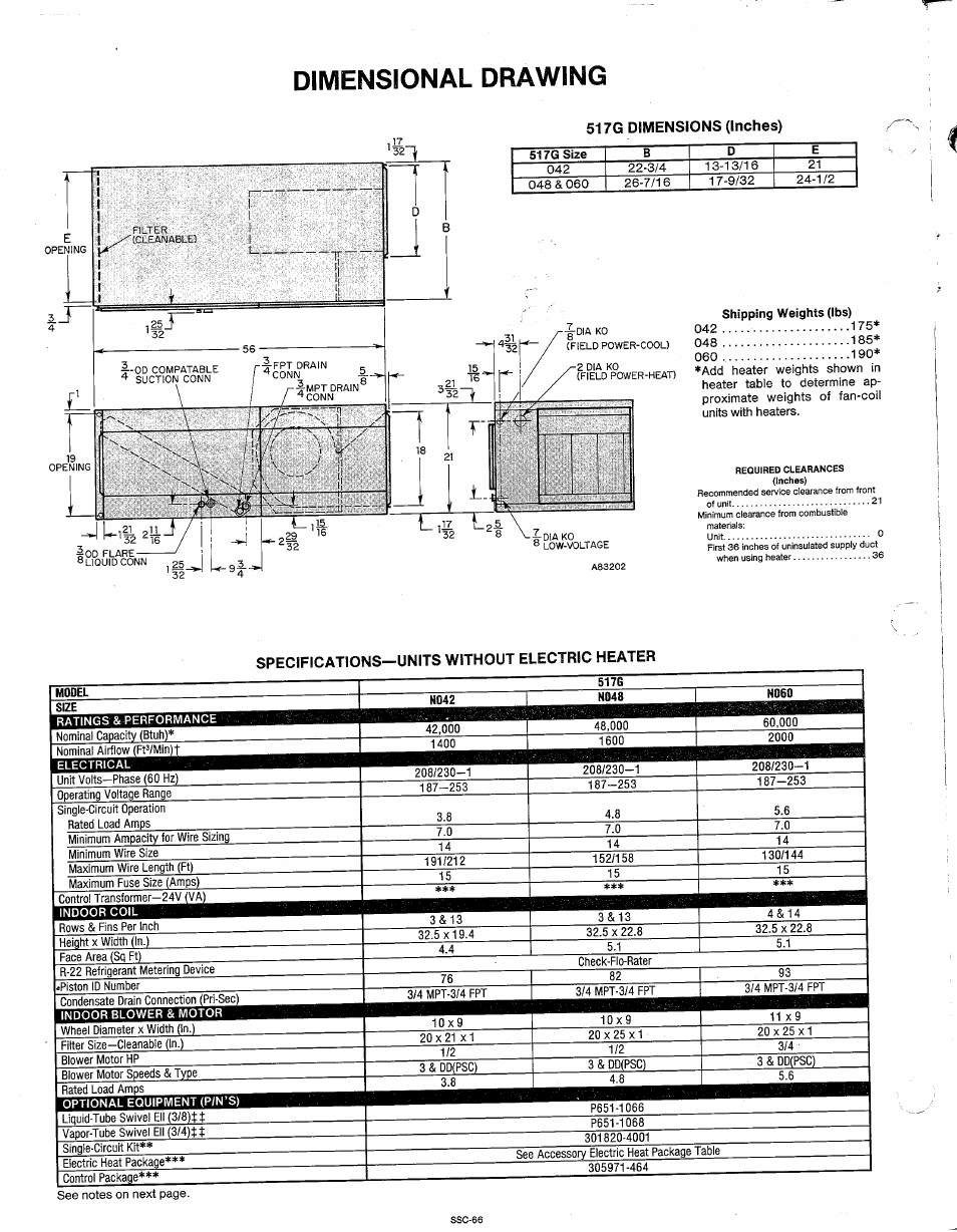 517g dimensions (inches), Specifications—units without electric heater, Dimensional drawing | Bryant 517G User Manual | Page 2 / 8