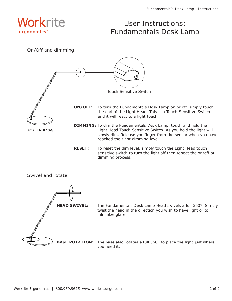 User instructions: fundamentals desk lamp | Workrite Fundamental Desk Light User Manual | Page 2 / 2