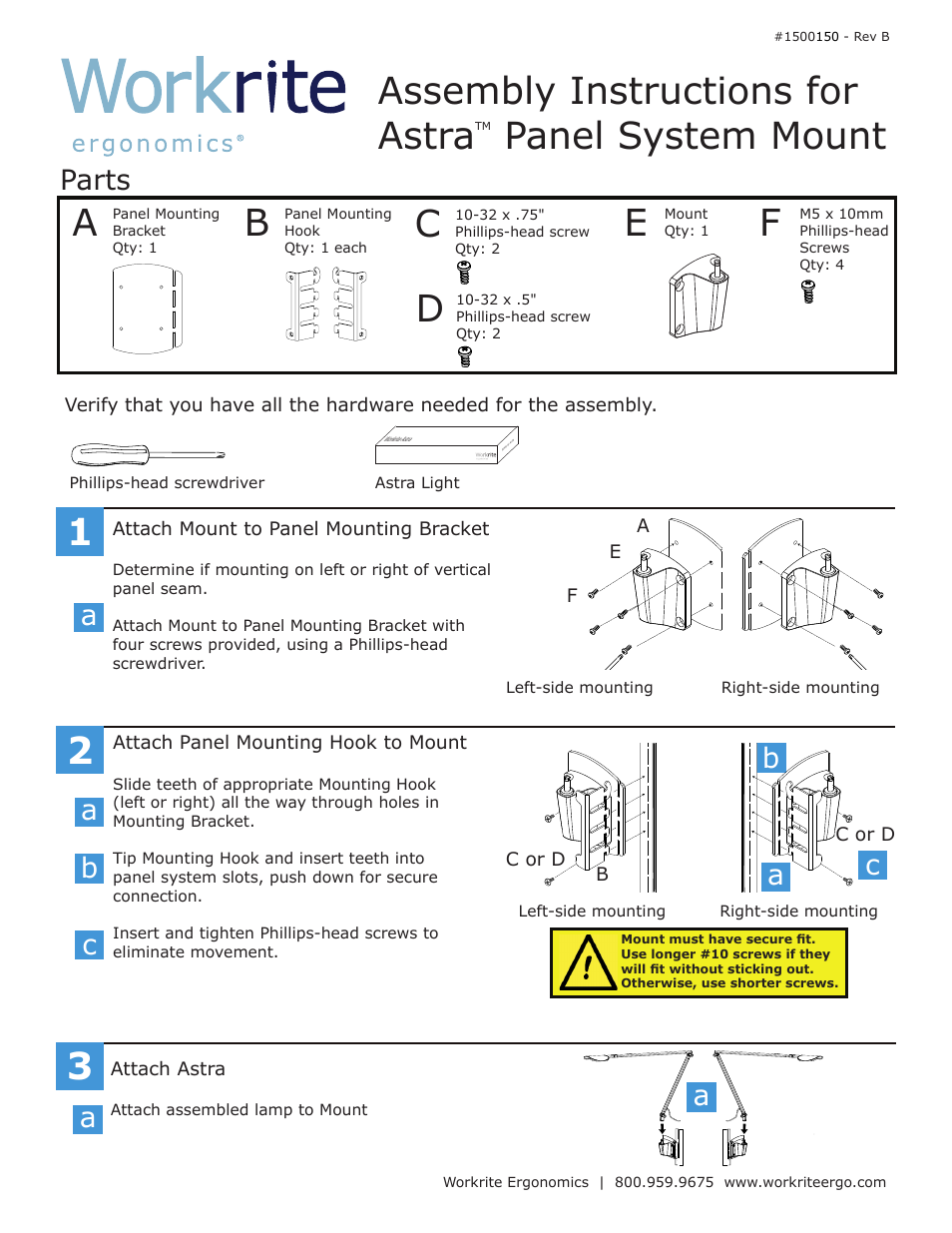 Assembly instructions for astra, Panel system mount, Parts | Bc c | Workrite Astra Tool Bar Mounts User Manual | Page 2 / 2