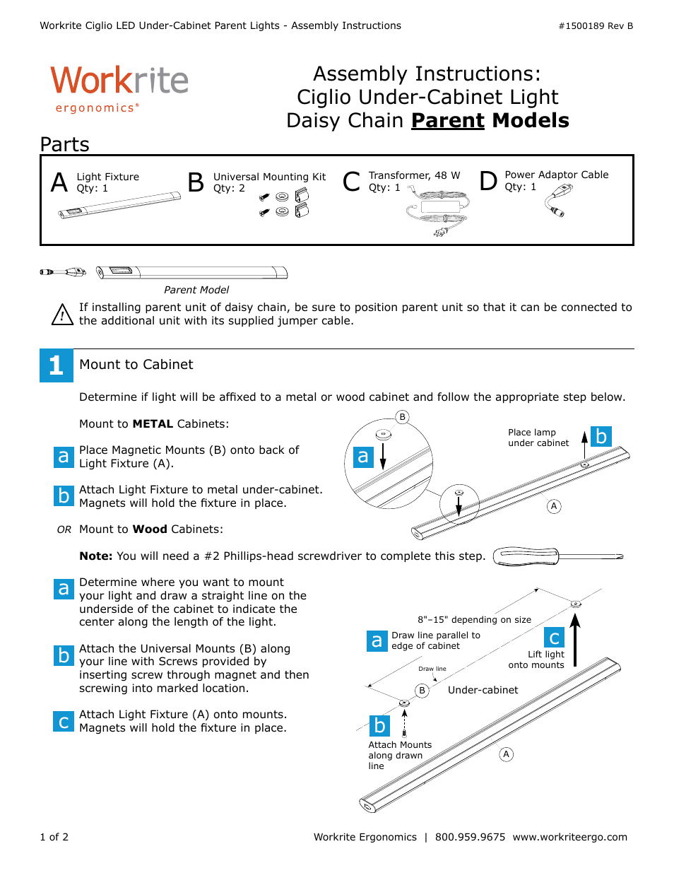 Workrite Ciglio Parent User Manual | 2 pages