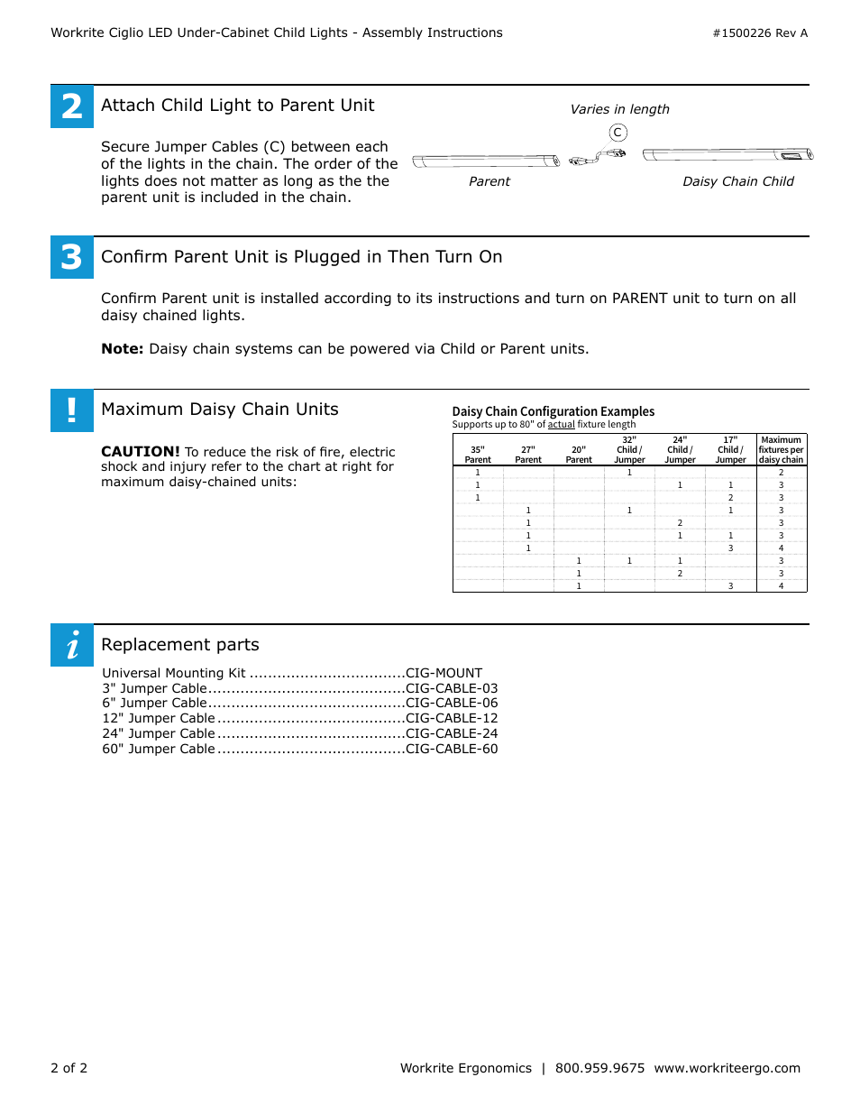 Attach child light to parent unit, Replacement parts, Confirm parent unit is plugged in then turn on | Maximum daisy chain units | Workrite Ciglio Child User Manual | Page 2 / 2