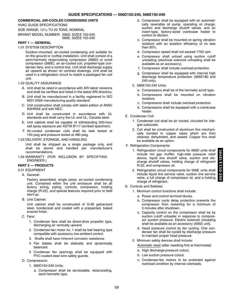 Guide specifications - 566d150-240, 566e150-240, Guide specifications ,60 | Bryant 569F User Manual | Page 59 / 84