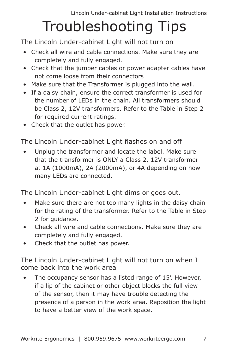 Troubleshooting tips | Workrite Lincoln Under-cabinet Light User Manual | Page 7 / 8