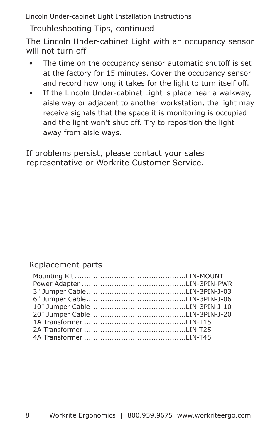 Workrite Lincoln Under-cabinet Light User Manual | Page 8 / 8