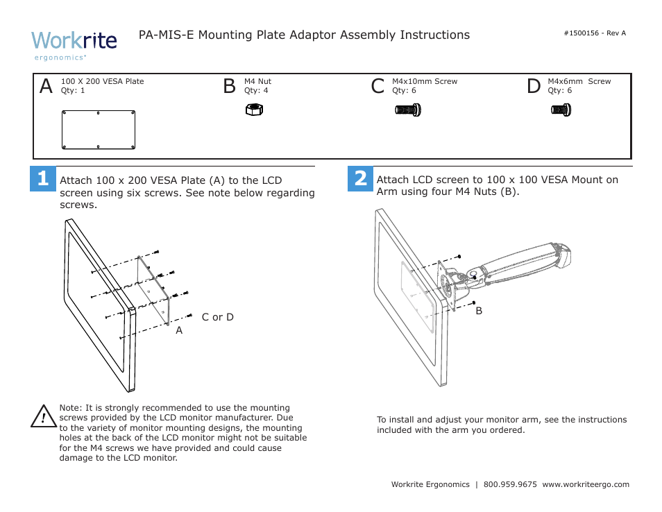 Workrite PA-MIS-E Mounting Plate Adaptor User Manual | 1 page