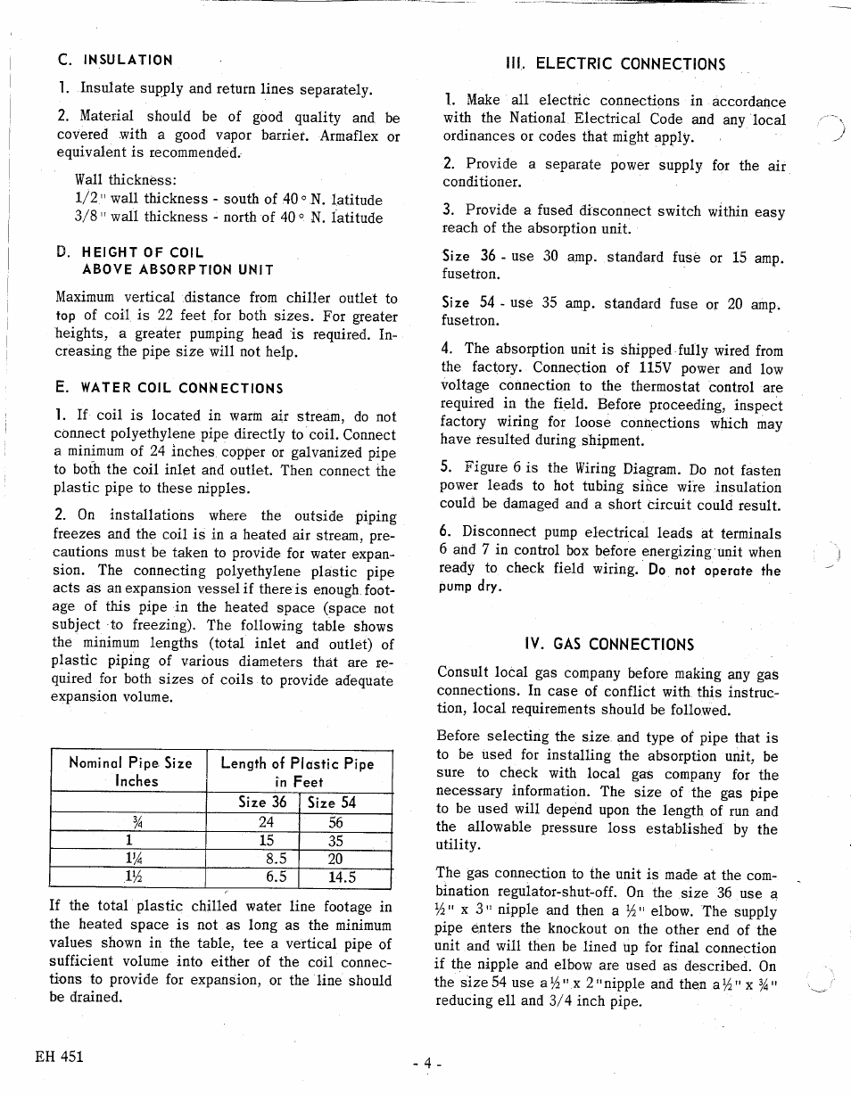 C. insulation, D. height of coil above absorption unit, E. water coil connections | Ill, electric connections, Iv. gas connections | Bryant 451A User Manual | Page 6 / 13