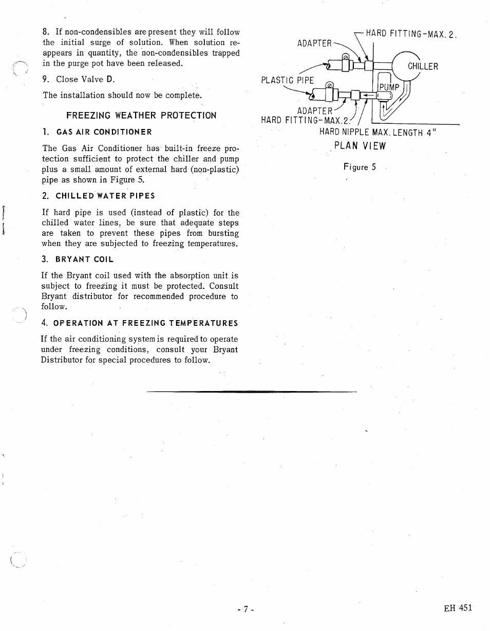 Freezing weather protection, Gas air conditioner, Chilled water pipes | Bryant coil, Operation at freezing temperatures, Plan view | Bryant 451A User Manual | Page 9 / 13