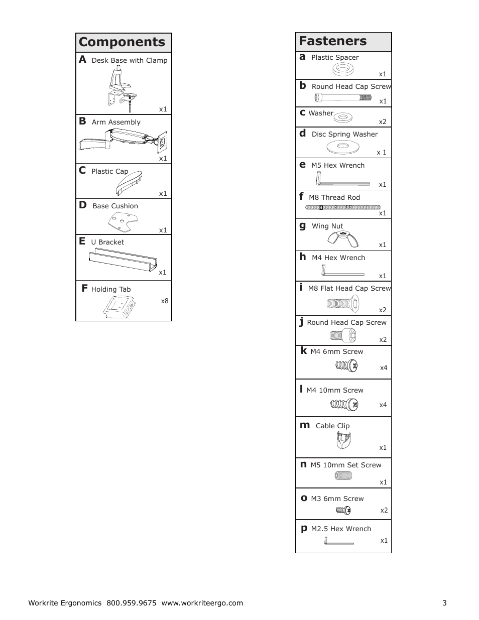 Fasteners, Components | Workrite Poise User Manual | Page 3 / 8