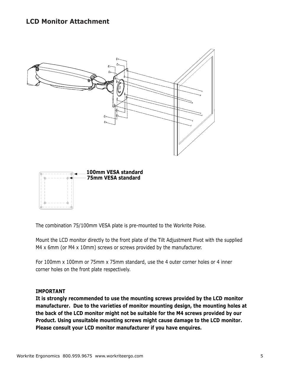 Lcd monitor attachment | Workrite Poise User Manual | Page 5 / 8
