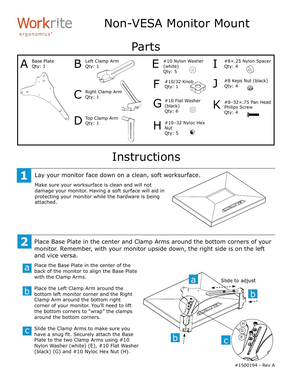 Workrite Non-VESA Monitor Mount User Manual | 2 pages