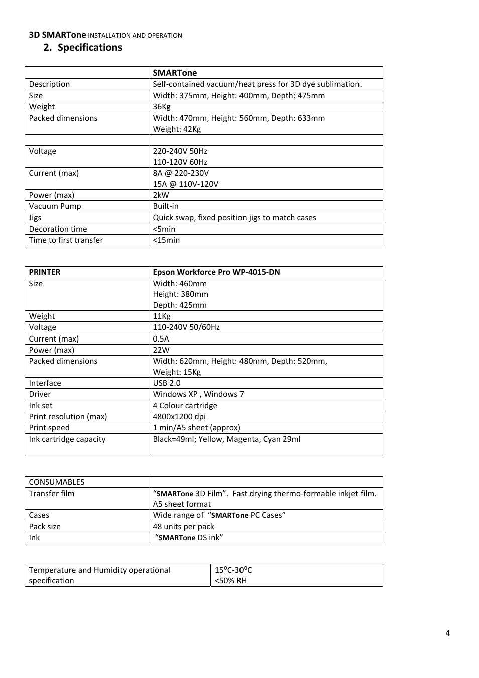 Specifications | Xpres 3D SMARTone User Manual | Page 4 / 25
