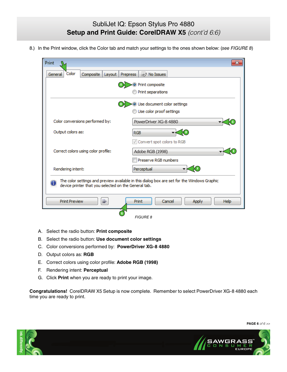 Xpres SubliJet IQ EPSON Stylus PRO 4880 (Windows Power Driver Setup): Print & Setup Guide CorelDRAW X5 User Manual | Page 6 / 6