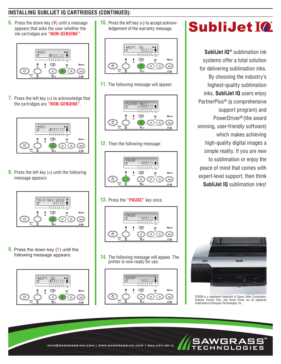 Installing sublijet iq cartridges (continued), Sublijet iq, A comprehensive support program) and powerdriver | Xpres SubliJet IQ EPSON Stylus PRO 4880/4450 (Windows Power Driver Setup): Sublimation Cartridge Quick Start Guide User Manual | Page 2 / 2