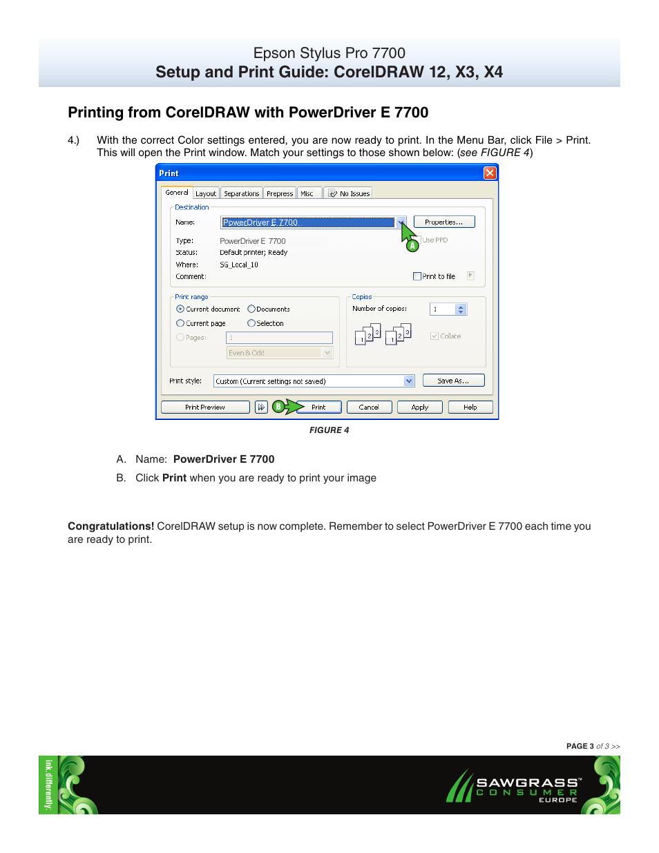 Setup and print guide: coreldraw 12, x3, x4, Epson stylus pro 7700, Printing from coreldraw with powerdriver e 7700 | Xpres SubliJet E Epson Stylus Pro 7700 (Windows Power Driver Setup): Print & Setup Guide CorelDRAW 12 - X4 User Manual | Page 3 / 3